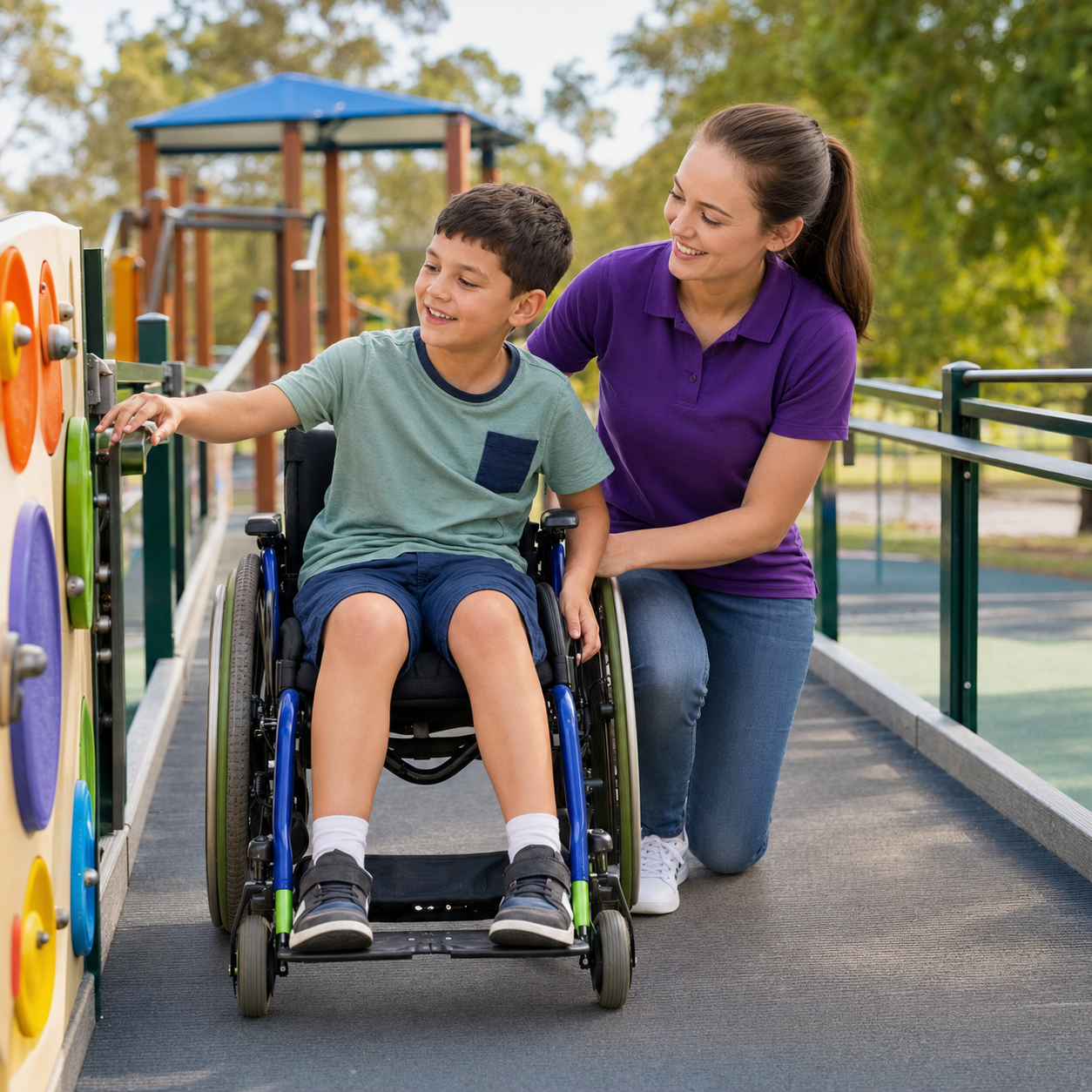 Support worker helping a child at an accessible playground